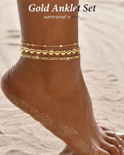 Image of ZHESHY Gold Silver Ankle Bracelets for Women 14K Gold Plated Anklets for Women Waterproof Cuban Link Heart Chain Anklets Set Non Tarnish Dainty Layered Anklet Bracelets for Women Summer Beach Jewelry