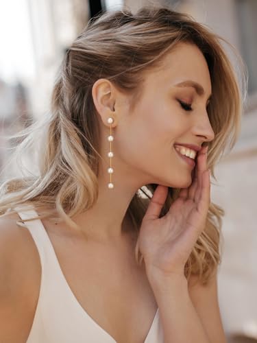 SWEETV 14K Gold Plated Long Pearl Drop Dangle Earrings for Women, Tassel Chain Baroque Pearl Wedding Bridal Earrings for Brides Bridesmaids, Prom Jewelry Gifts3