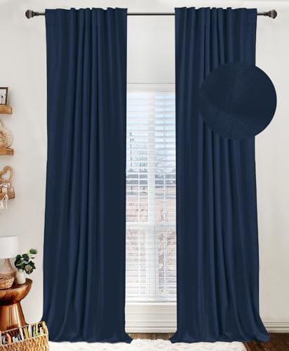 Image of 100% Blackout Shield Linen Blackout Curtains for Bedroom 72 Inches Long, Back Tab /Rod Pocket Living Room Drapes, Thermal Insulated Blackout Curtains 2 Panels Set, 50 inch W x 72 inch L, Midnight Blue