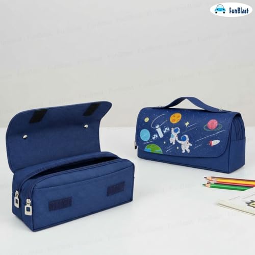Image of FunBlast Multi-Purpose Pouch - Double Compartment Large Capacity Pouch - Happy Planet Zipper Pencil Case for Kids, Pencil Box for Kids, Stationary Pouch for Students School Supplies (Navy Blue-A)