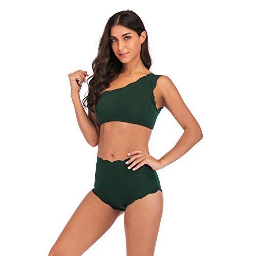 TSWRK Guisado Al Gratén Corte Alto Vendimia Uno Hombro Dos Piezas Trajes de Baño Conjunto de Bikini (Verde, XL)