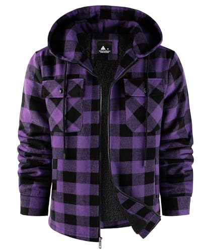 Image of SCODI Mens Flannel Hooded Jacket Fleece Sherpa Lined Zip Up Plaid Hoodies | Machine Wash, Outdoor Activities, Office, Casual, Warm Thick Shirt Jackets, Winter Coat, Heavyweight Sweatshirt, 4 Pockets