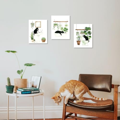 Image of CHDITB Black Cat Bathroom Canvas Wall Art Set of 3, Funny Cat Watercolor Painting, Botanical Cats Wall Decor, Boho Plants Poster, Cute Kitten Art Prints For Restroom Laundry Room Decor(12X16 Inch)