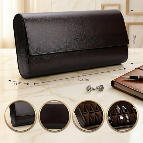 Image of essart 12-Slot Watch Roll Case - Luxury PU Leather Travel Watch Organizer for Men & Women | Portable Watch Storage Case | Scratch-Resistant & Protective