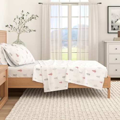 Image of Great Bay Home Flannel Sheet Set King Size - 100% Turkish Cotton, Double-Brushed, Printed Bed Sheets - Ultra-Soft, Cozy, 4-Piece Bedding Set (Winter Trees - Red)