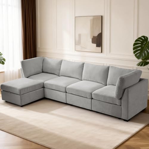 Image of TEKAMON 122 inch L Shaped Modern Sofa Modular Sectional Couch with Ottoman, 5-Seat Chenille Deep Seat Sofa for Living Room, Bedroom and Apartment, Light Grey