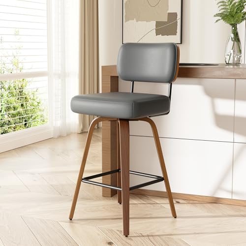 Image of Swivel Bar Stools Set of 1, 26 inch Upholstered Faux Leather Counter Height Barstools with Walnut Back & Bentwood Legs, Mid Century Modern Bar Chairs Island Stools for Kitchen Counter, Dark Grey