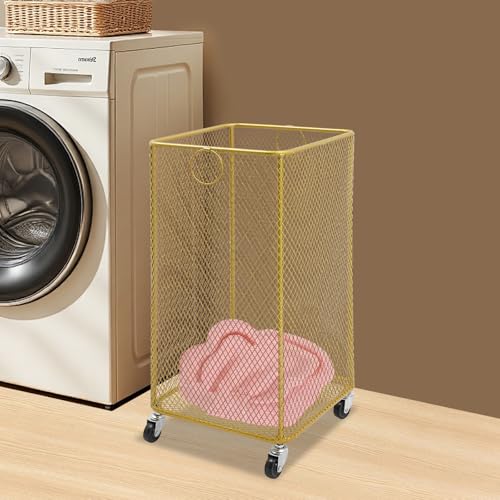 Image of Wire Metal Rolling Laundry Basket On Wheels,Mesh Wire Laundry Basket Storage Cart for Bathroom Bedroom Dirty Clothes Storage (A)