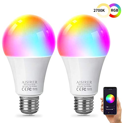Aisirer Ampoule intelligente WiFi LED Blanc doux 2700 K + RGBW Multicolore Compatible avec Amazon Alexa Echo Dot Google Home Pas de hub réglable E27 (lot de 2) bombilla inteligente 2 pack