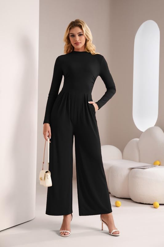 Combinaison Femme Chic et Élégant Manches Longues Col Mock Jumpsuit Slim Fit Taille Haute Pantalon Large avec Poches Casual Combinaisons Fluide Combi Automne pour Cocktail Mariage Soirée