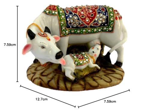 Image of Polyresin Handmade Cow and Calf Showpiece Idols and Figurines for Spiritual Vaastu Nandi Pooja Decorative Sculpture for Puja Gifts & Decoration Items for Home Decor, Multicolor