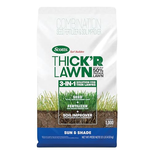 Scotts Turf Builder Thick'R Lawn Sun and Shade, Combination Seed, Fertilizer and Soil Improver, Thickens Thin Grass, 10 lbs.