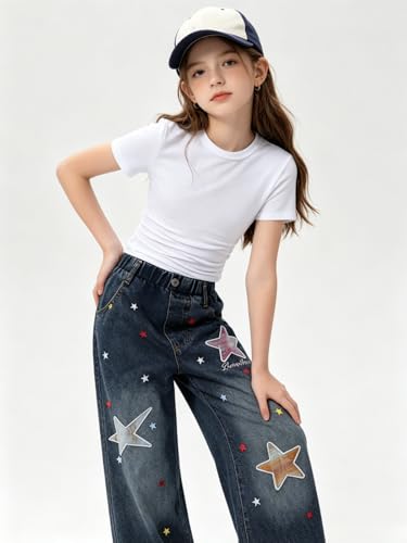 Image of Size 7-14 Years Girls 2 Piece Outfits Bow Short-Sleeved Top and Jeans Pants Clothing Set