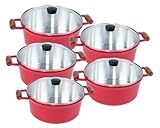 Jogo de Panelas 5 Peças Cava Alumínio Fundido Vermelho Alça de Madeira e Tampas de Vidro