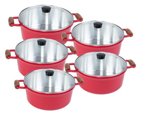 Jogo de Panelas 5 Peças Cava Alumínio Fundido Vermelho Alça de Madeira e Tampas de Vidro