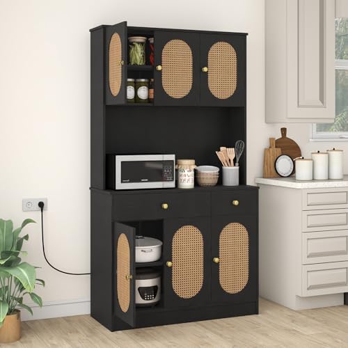 COSTWAY Küchenschrank Holz, Buffetschrank mit 2 Steckdosen & 2 USB-Anschlüssen, Hochschrank mit Rattantüren, Arbeitsplatte & 2 Schubladen, Vorratsschrank für Küche Wohnzimmer, 100x40x180cm (Schwarz)