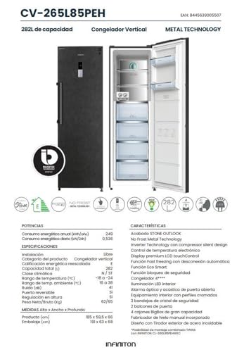 INFINITON Congelador Vertical CV-265L85PEH, 282 L, No Frost, Inverter, Acabado STONE OUTLOOK, Puerta Reversible, Fabricador de hielo manual incorporado, E, Tirador exterior de acero inoxidable - imagen 3