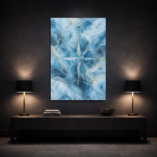 Tableau Boussole Abstraite Bleu et Or 50x75 cm pour Décoration Murale