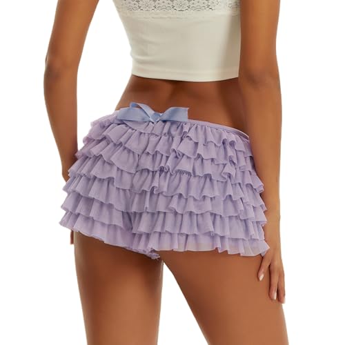 UAURORAO Women Layered Lolita Bloomers Mesh Ruffle Panties Lace Micro Bottoms Y2k Sexy Booty Boy Shorts Fairy Pettipants(Booty Purple,X-Large)