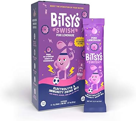 Bitsy's Swish Electrolyte Powder Packets, Hydration Drink Mix with Immunity Boosting Vitamin C, B2, Zinc & Electrolytes, Gluten Free Water Enhancer, Low Sugar, Natural Flavor, Pink Lemonade, 6 Sticks