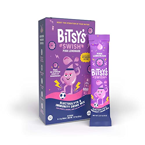 Bitsy's Swish Electrolyte Powder Packets, Hydration Drink Mix With Immunity Boosting Vitamin C, B2, Zinc & Electrolytes, Gluten Free Water Enhancer, Low Sugar, Natural Flavor, Pink Lemonade, 6 Sticks #TOP19