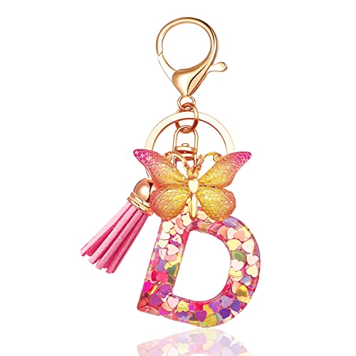 JINGUAZI Initial letter Keychains for Women Tassel Butterfly Pink Purple Cute Car Keychain for Wallet Backpack bag charm