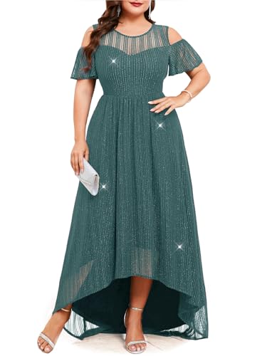 Image of ZOMVA Plus Size Sparkly Mesh Maxi Dress Cold Shoulder Ruffle Sleeve High Low A Line Dresses Wedding Guest Cocktail Party