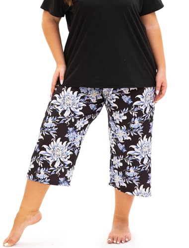 Image of Plus Size Pajamas for Women Set, Womens Plus Size Short Sleeve V Neck Capri Pants Pajama Sets with Pockets