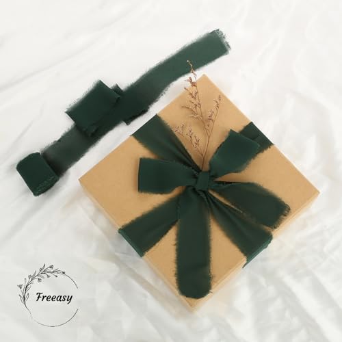 Dark Green Chiffon Ribbon 3 Rolls 1.5 inch X 5 Yard Forest Green Handmade Frayed Edges Chiffon Ribbon Set for Gift Wrapping Christmas Decor - Image 2