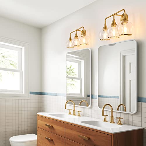 Image of Gold Bathroom Vanity Light 3-Lights Bathroom Light Fixtures Over Mirror with Clear Glass Shade 22.4 inch Wall Sconce Lighting Bath(Exclude E26 Bulb)