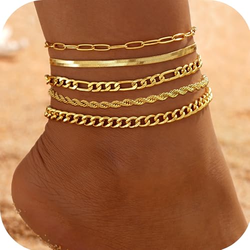 Image of iF YOU Gold Ankle Bracelets for Women, 14k Gold Plated Waterproof Cuban Link Chain Anklets Set, Layered Anklet Bracelets for Women Beach Gift Adjustable Size 5pcs