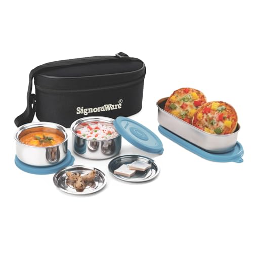Image of Signoraware Double Decker Stainless Steel Lunch Box | Airtight & Leakproof | Ideal for Office & School Meals | Great for Travelling & Outdoors (260ml + 260ml + 650ml | EBlue)