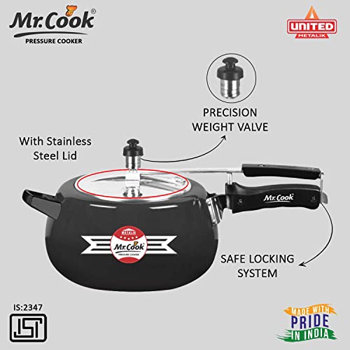 Image of MR COOK By United Metalik Elite Plus Aluminium Induction Base Hard Anodised Pressure Cooker with Stainless steel Inner Lid, Lead Free Safety Valve, Easy Grip Handle, Gas stove Compatible, 60 months warranty (Black) (5 Litre)