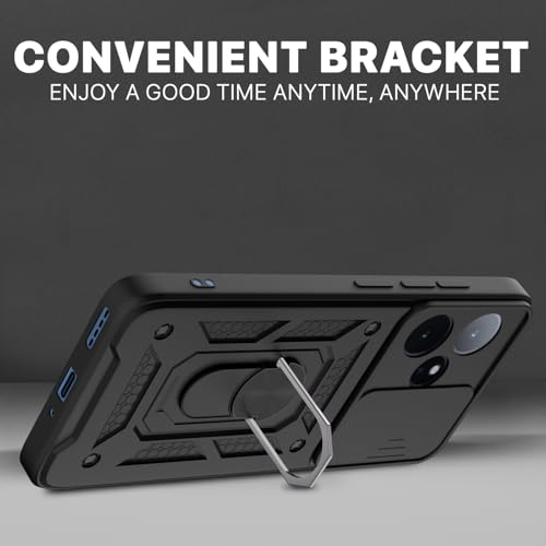 Image of Pikkme Back Cover for Realme GT 7 5G / GT 7T 5G | 360 Protection Case | Sliding Camera Shield Cover & Ring Holder Stand D10 Tough Armor Bumper Case (Black)