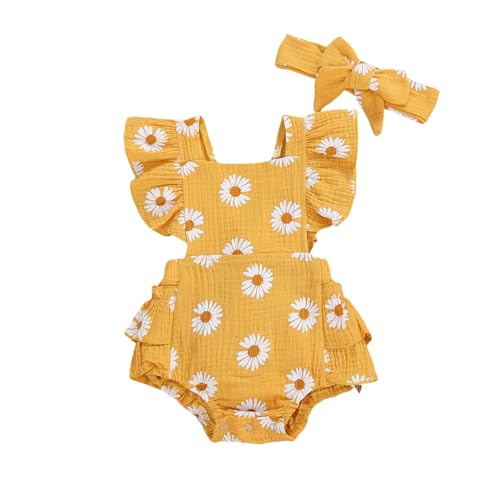 Image of Mtsebmves Toddler Baby Girl Ruffled Romper Summer Sleeveless One-Pieces Jumpsuit Floral Print Baby Girl Summer Clothes