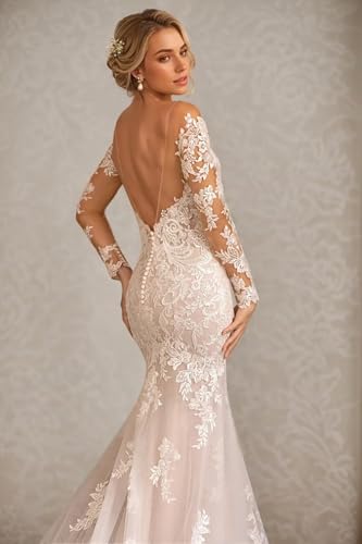 Jamille Lace Applique Wedding Dresses for Bride 2024 Mermaid Long Sleeve Briadal Gowns with Train Deep V Neck Beach JA01164
