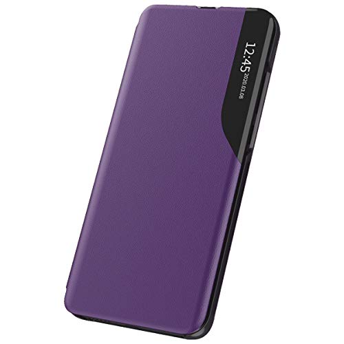 Riyeri Case para Xiaomi Redmi Note 9S Funda Flip Soporte Plegable Window View Protectora Carcasa Hard Bumper Anti-Scratch Antideslizante Full protección Cover [Ventana pequeña] (púrpura)