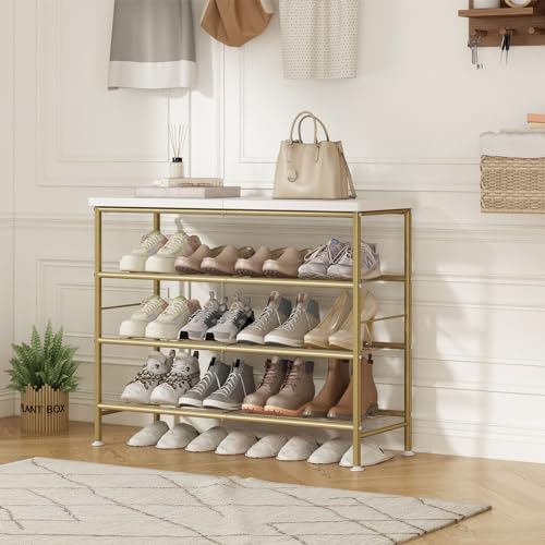 Image of SUOERNUO Shoe Rack Organizer 4 Tier for Closet Entryway Free Standing Metal Storage Shoe Shelf with MDF Top Board,Gold