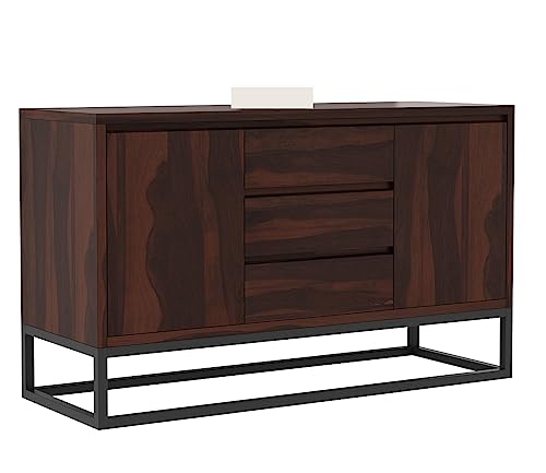 Image of Solid Sheesham Wood Wooden Sideboard Storage Cabinet : Ideal for Living Room and Bedroom with 3 Drawers and 2-Shelf Storage (Ray, Walnut Finish)
