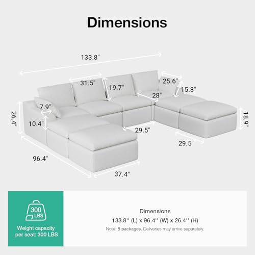 Image of Novilla 133.8 inch Modular Cloud Couch, Modern Sectional Sofa with Smarts Coil Support, Chenille Fabric, Upholstered Couch for Living Room Apartments Bedroom, No Assembly, 4 Seater + 4 Ottoman, White