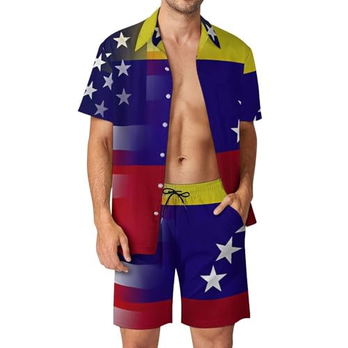 Conjunto de camisa con botones y pantalones cortos de playa de hombre con banderas impresas