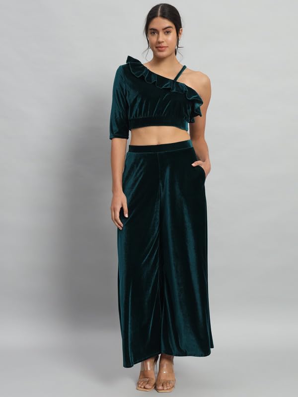 Image of Vaararo Velvet Co-Ords for Women | One Sleeve Crop Top with Palazzo Set Casual Party Dress