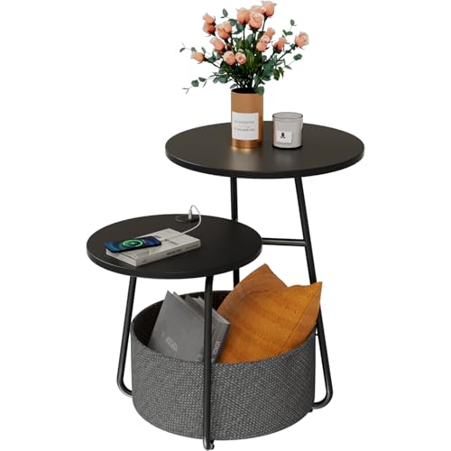 Rolanstar Table d’Appoint Ronde à 2 Plateaux Décalés, Table de Bout Empilable Moderne avec Panier de Rangement en Tissu, Table d’Accent Gain de Place...