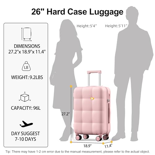 MGB 26-Inch Hardside Suitcases with Wheels, Medium Checked Luggage with 360°Spinner Wheels - Scratch Resistant Hardshell - TSA Lock - Polycarbonate Shell for Lightweight Travel - Pink2