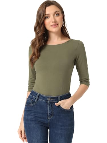 T-shirt manches coudes Allegra K vert olive ajusté à col rond parfait en taille L