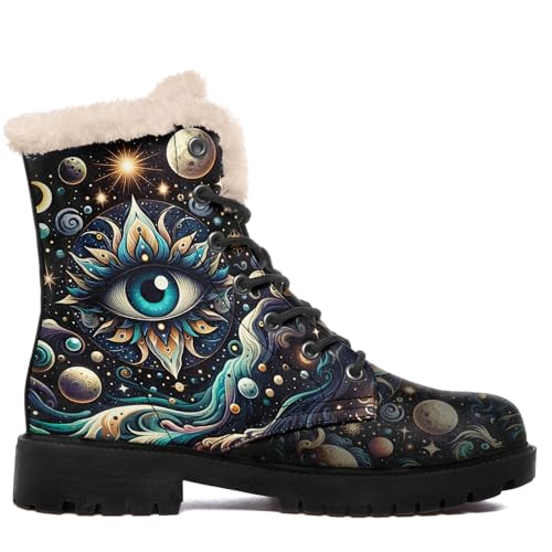 Bohemian Artistic Winter Boots for Women with Sun Moon Bee Mandala Patterns,Lace-up Cozy Snow Boots with Faux Fur Lining2