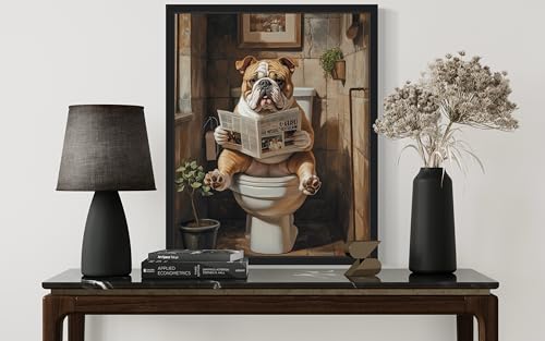 Image of Bulldog on Toilet Black Framed Wall Art Print Poster, Dog Bathroom Humor Decor Posters Prints for Restroom Home Picture Painting Artwork Gallery 7 (Bulldog, 18 x 24 inches, Black Frame)