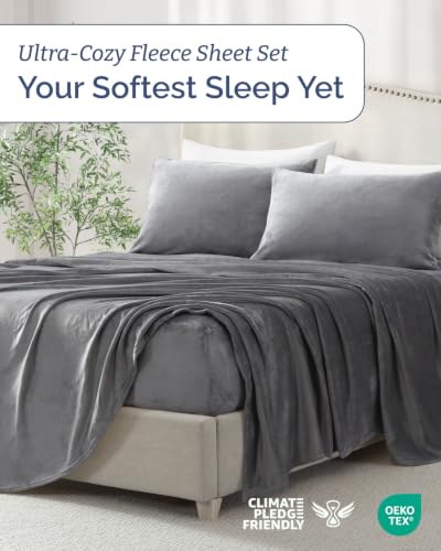 Image of Fleece Sheets Cal King Size Set - 4-Piece Flannel Sheet Set - Dark Grey