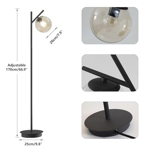 Image of Vintage Floor Lamp for Living Room Mid Century Black Floor Freestanding Lamp Farmhouses Cognac Glass Globe Standing Tall Pole Lamp for Study Room Hotel Bedroom