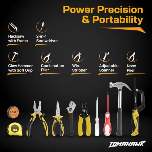 Image of TOMAHAWK ELE-1110 10-Piece Electrician Hand Tool Kit | 2 x Pliers, Hacksaw, Measuring Tape, Tester, Wire Stripper, Adjustable Spanner, Insulating Tape, 2 in 1 Screwdriver, Claw Hammer with Toolbox